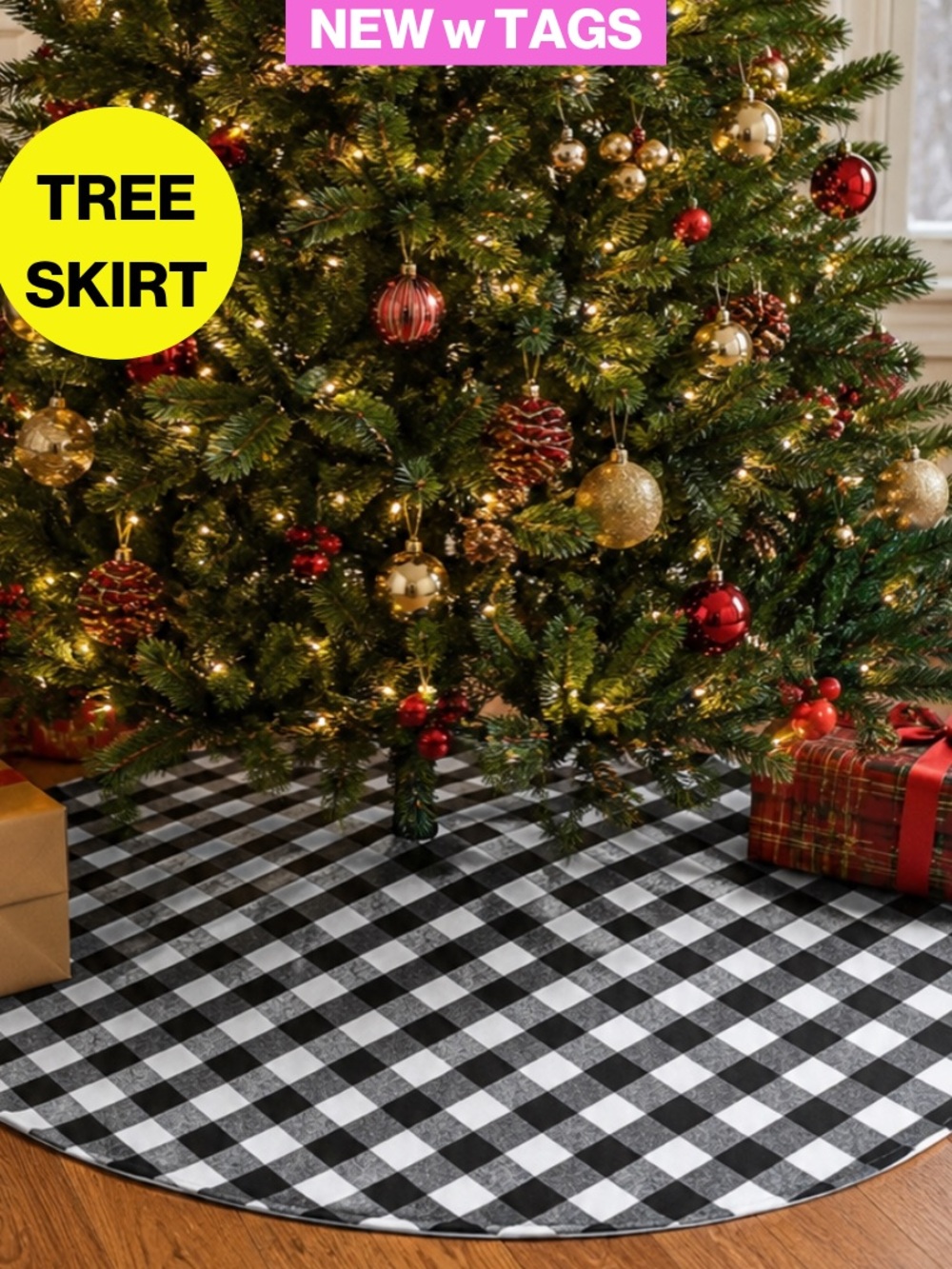 NEW 🎄2/for $20 🪩 Black & White Buffalo Plaid Checkered Tree Skirt - 48 x 22